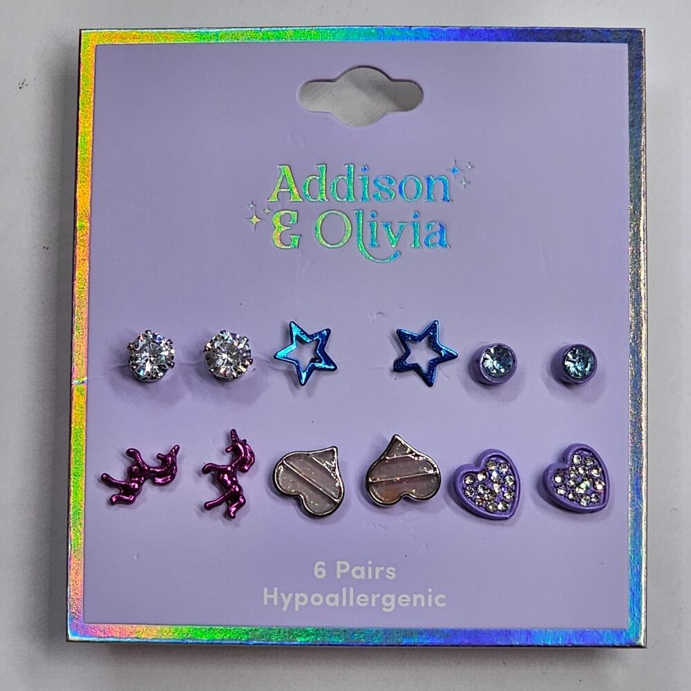 Addison & Olivia Earring 6 Pair Stud Post Set Hearts Stars Hypoallergenic NEW